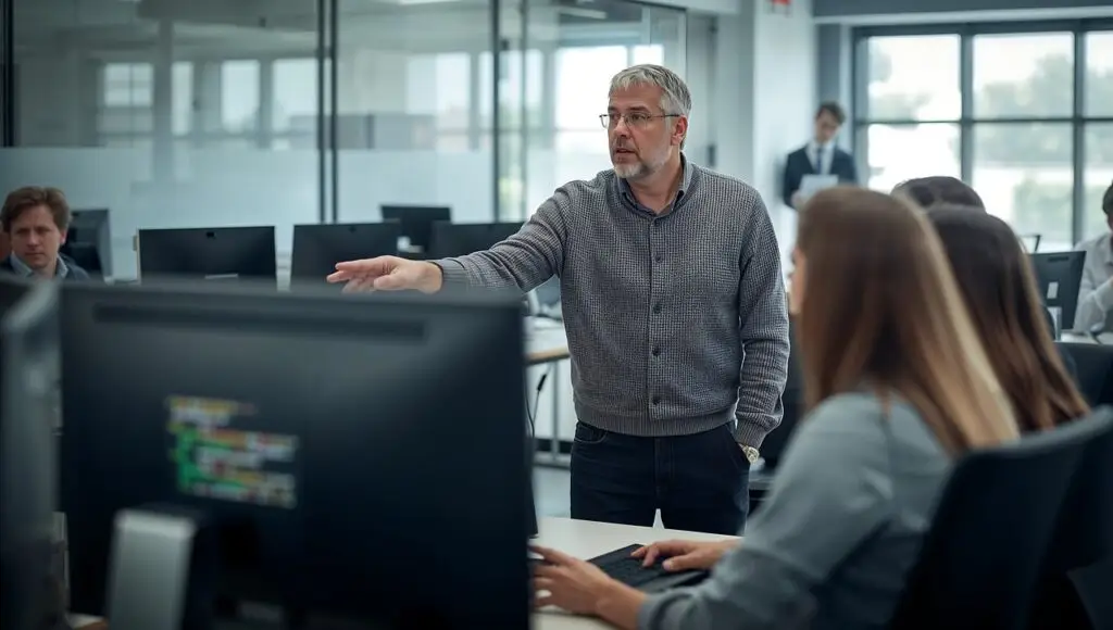 office, computer, collaboration, teamwork, learning, technology, modern, workplace, people, business, discussion, pointing, screen, desk, classroom, training, education, employees, professionals, meeting, group, interaction, insight, guidance, ai generated